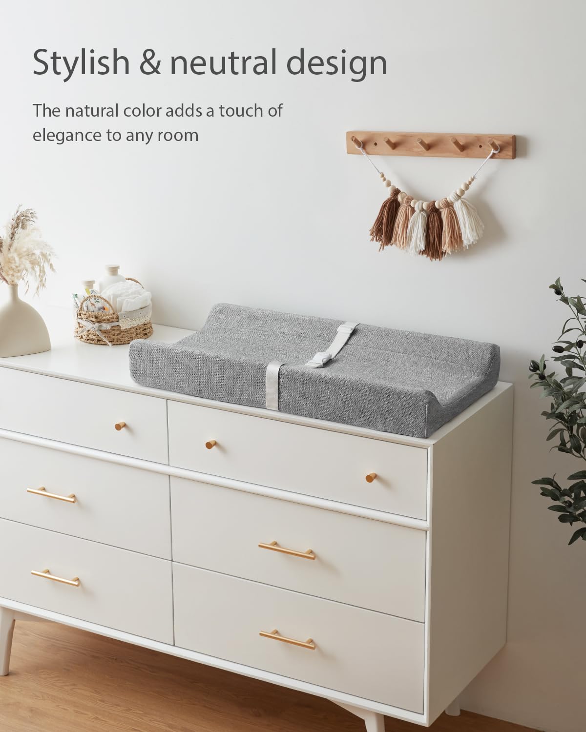 Blissful Diary Baby Changing Pad with Waterproof Lining Foam, Includes a Soft & Washable Cover, Contoured Changing Table Pads for Dresser Top with Non-Slip Bottom, 32”×16” (Grey, Rectangular)
