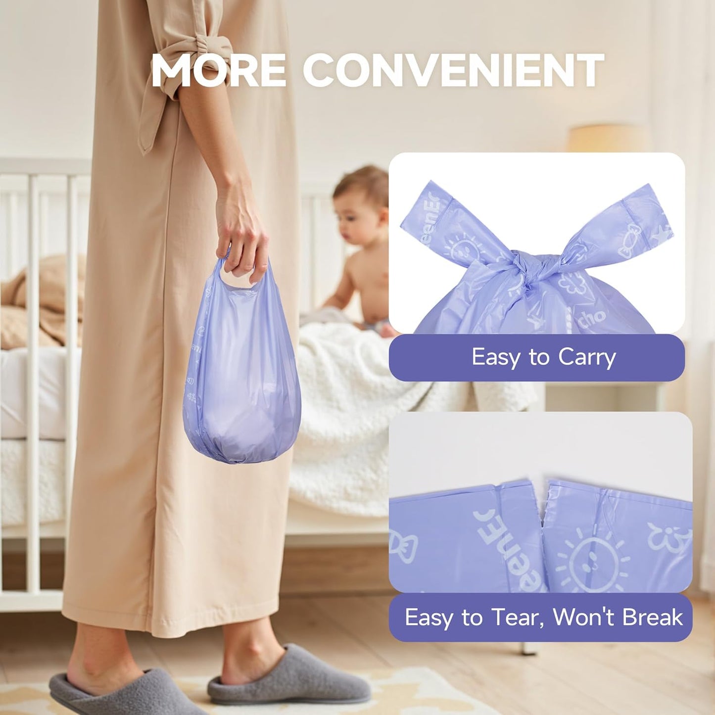 Disposable Diaper Bags with Handles 100 Count (4 Rolls), Unscented Leak-Proof Diaper Trash Bags & Sacks or Pet Waste Bag, Ocean Recycled Plastic