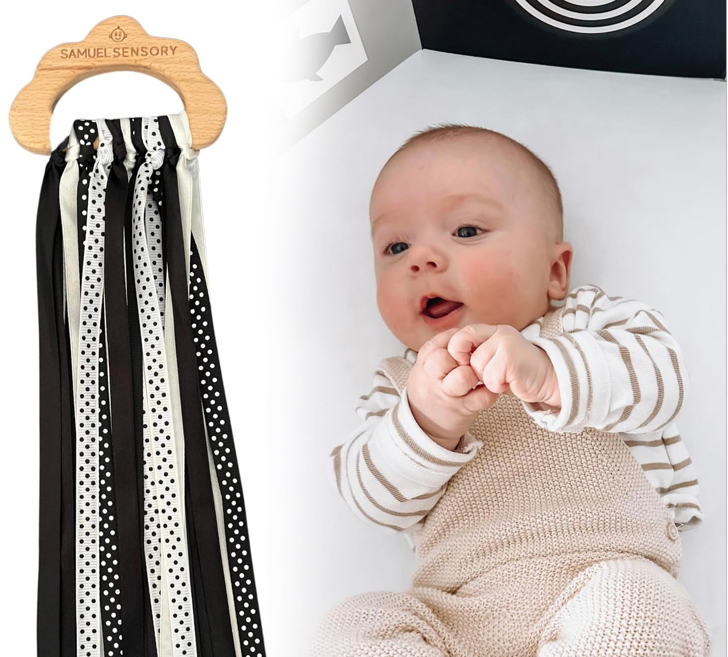 Samuel Sensory Toys Cloud Ribbon - Black and White Baby Toys 0-3 Months Made with Beech Wood & Soft Grosgrain and Satin Ribbon - Developmental High Contrast Baby Toys & Tummy Time Toys
