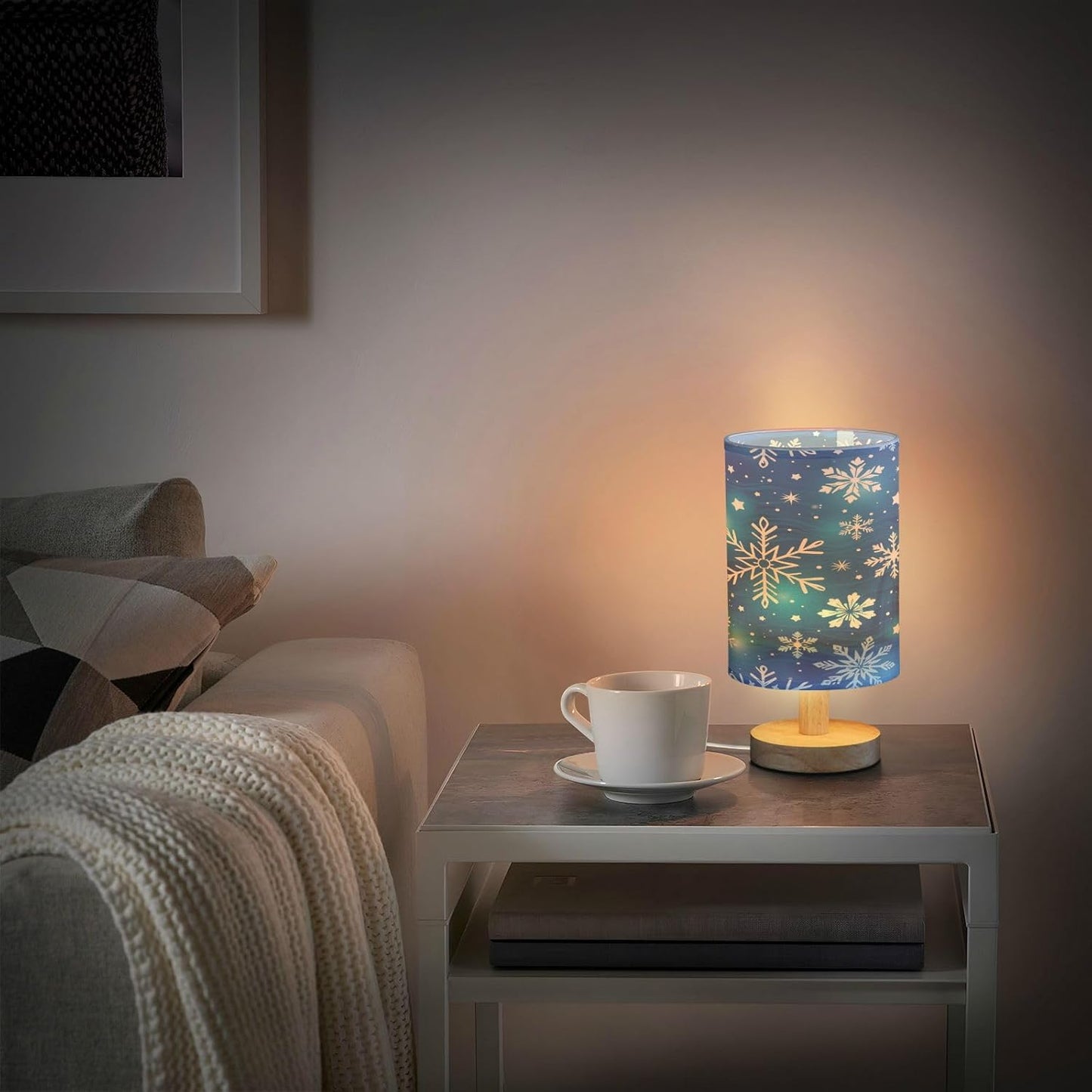 Blue Christmas Snowflakes Stars Table Lamp Bedroom Bedside Night Reading Desk Lamps Cylinder Nightstand Sleeping Light Lamp for Xmas Party Living Room Office Decor