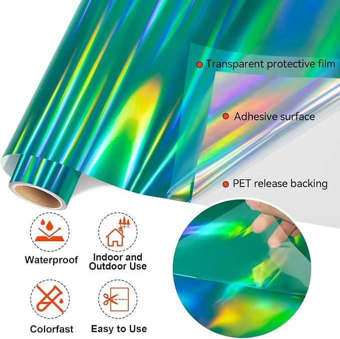 WRAPXPERT Holographic Vinyl Roll Green, Holographic Permanent Vinyl Glossy