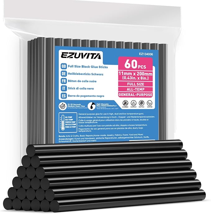 EZUVITA 60-Pack Full Size Hot Glue Sticks, 0.43” Dia x 8” Long | Black