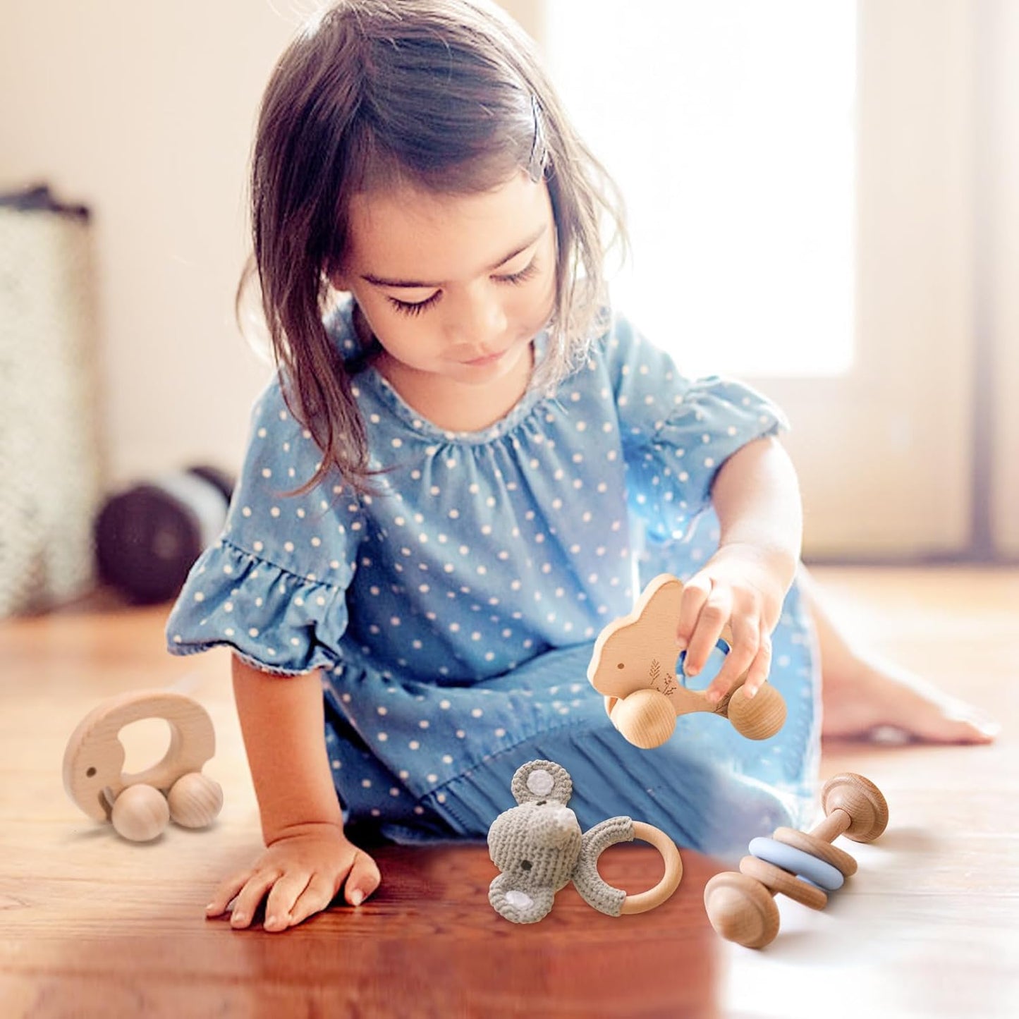 Wooden Baby Rattle 3 PCS Push Car Rattle Set Crochet Rattle Ring Wooden Montessori Toy for Newborn Infant Baby Gifts (Lion Rattle)