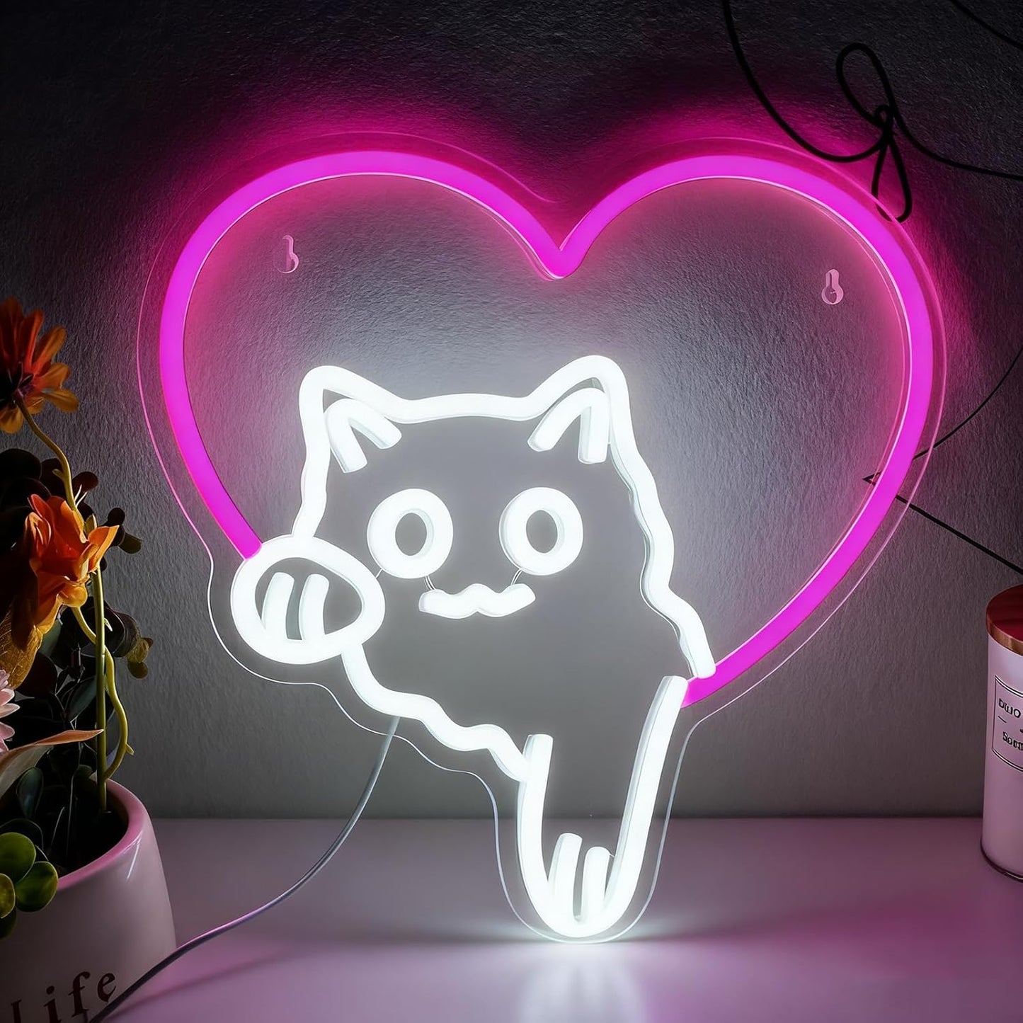Cat Neon Sign – Cute Pink Heart Cat LED Lights, Dimmable Animal Neon Wall Decor, Cat Lover Gift, Bedroom Wall Art, Living Room, Game Room, Pet Shop, Kawaii Home Accent(12.91 × 13.11 in)