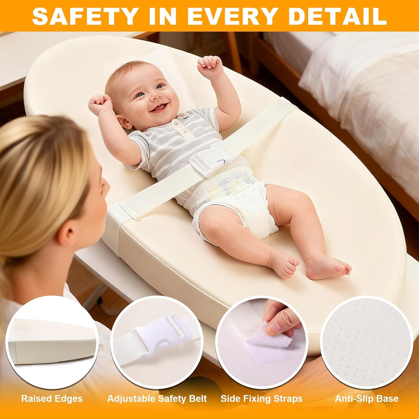 Baby Diaper Changing Pad, Wipeable Baby Changing Pad for Dresser, Contoured Waterproof Changing Pad with PU Cover, Non-Slip Safety Belt & Bottom, Portable, Lightweight