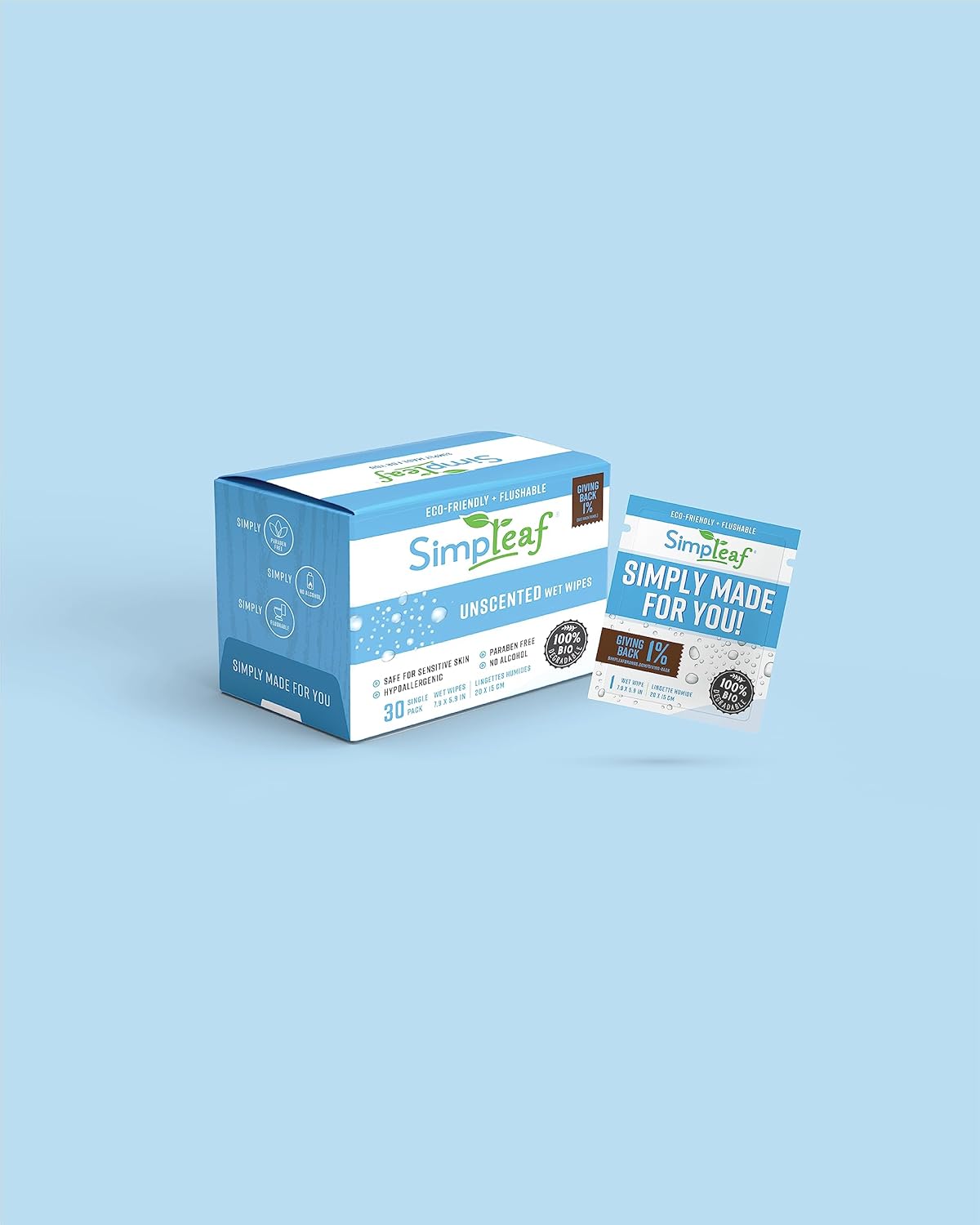 Simpleaf Flushable Unscented Single Pack Wet Wipes | Paraben & Alcohol Free | Hypoallergenic & Safe for Sensitive Skin | Soothing Aloe Vera Formula | (30 x 2 Single Pack Wipes) 60 Counts Total