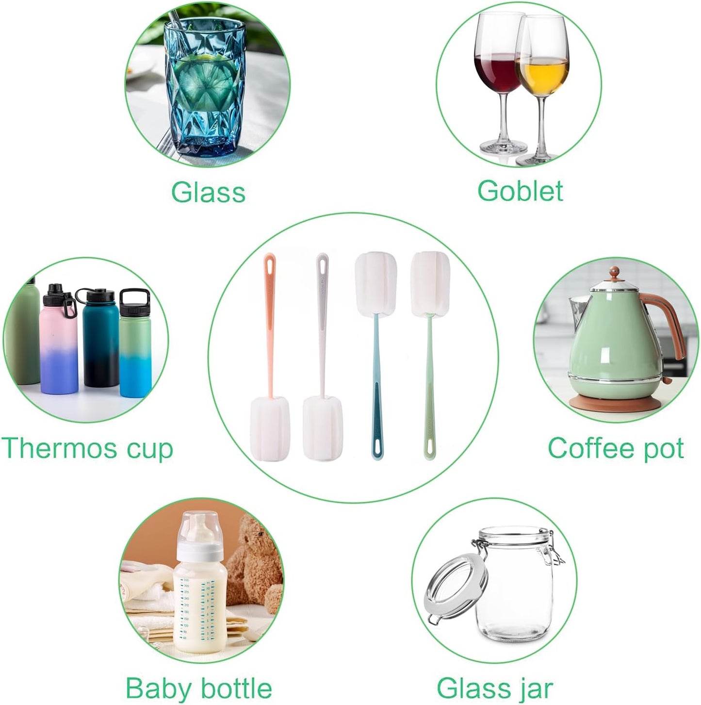 4 PCS Sponge Bottle Brushes, Bottles Scrubber Cleaning Brush with Handle, Water Bottles Cleaner for Thermos, Mug, Cup, Teapot