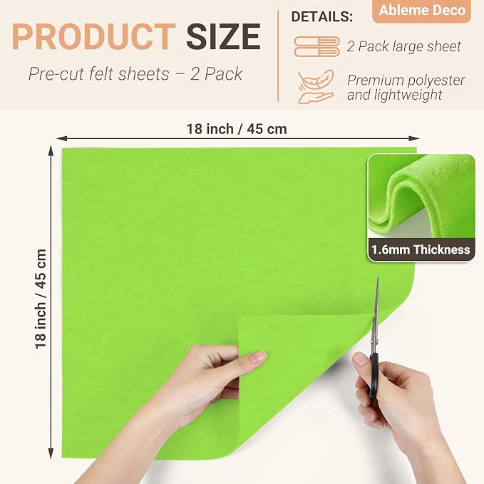 Apple Green Felt Fabric Sheets 18" x 18" 1.6mm Soft Craft Felt | Soft Precut