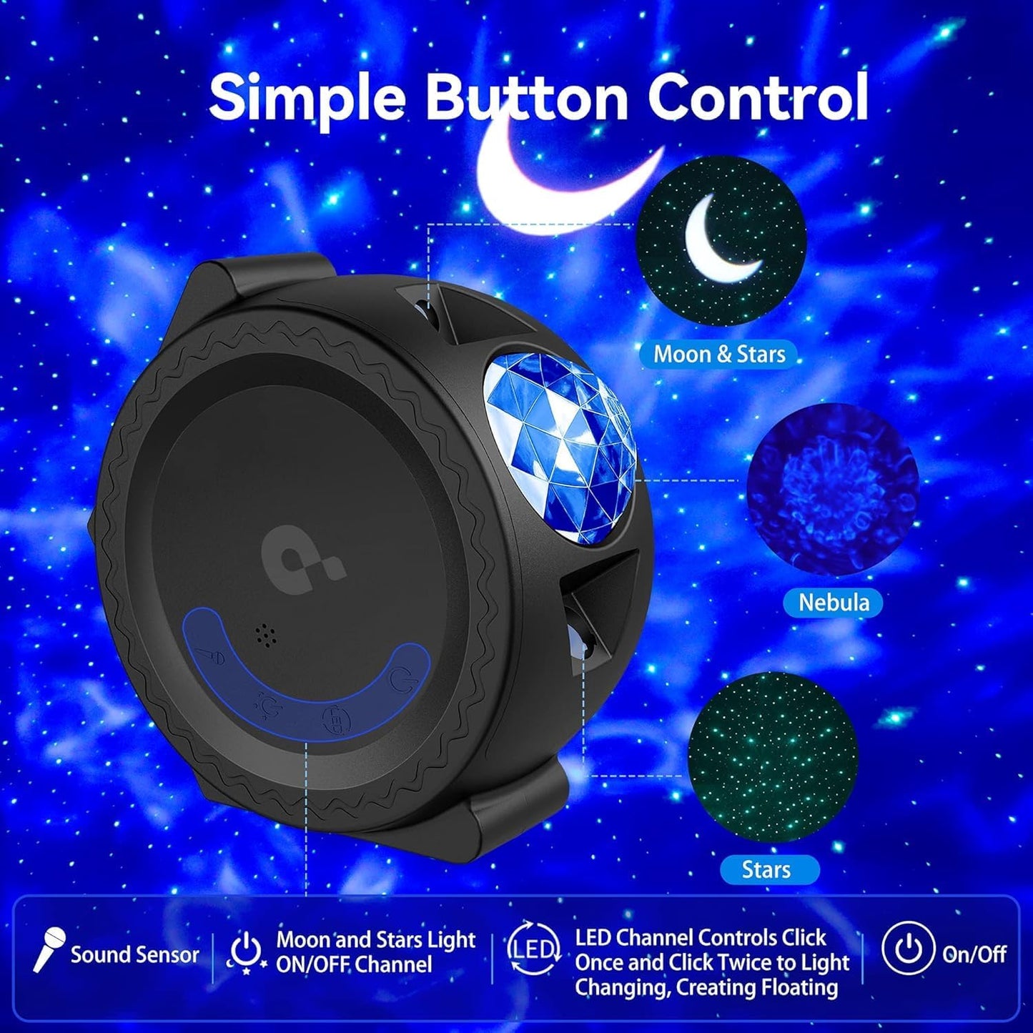 Galaxy Projector Star Night Light - 3-in-1 Moon Star Aurora Projector for Bedroom, Clap-Activated Music Sync,14M Colors, Kids Nursery & Adult Sleep Aid (No Music/Alexa)
