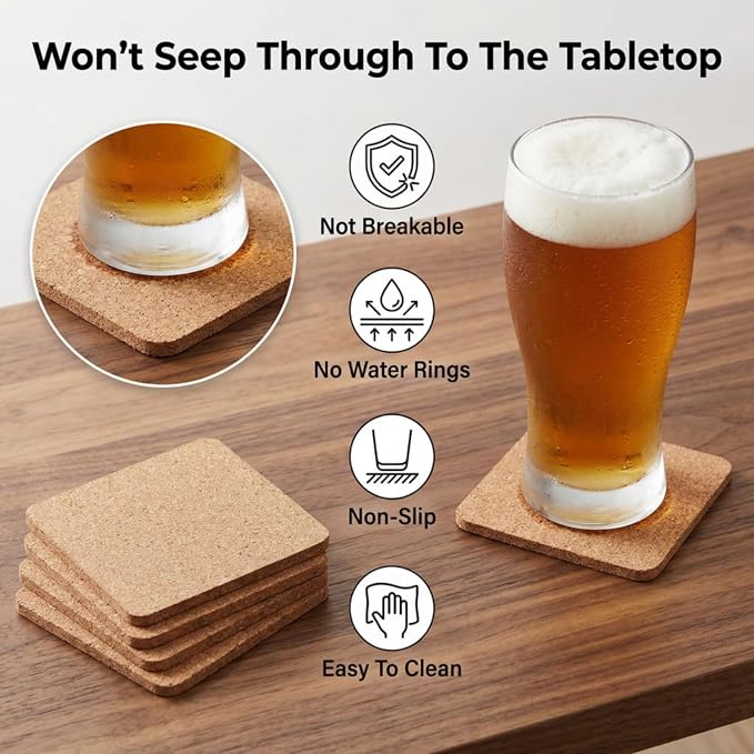 Tebery 30 Pack 4 Inch Square Cork Coasters, 0.2'' Thick Absorbent Drink Pads