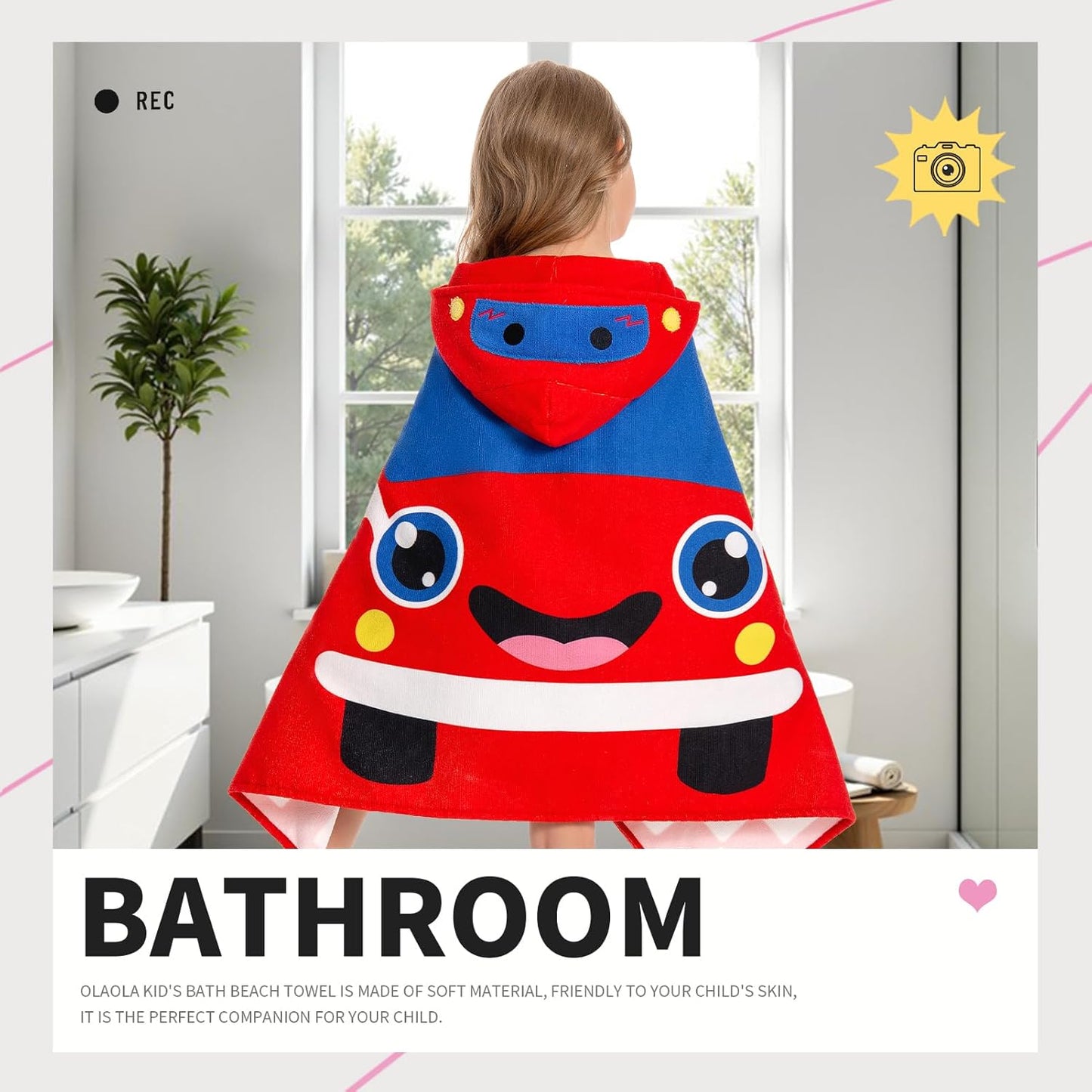 OLAOLA Car Hooded Towel for Kids 3-12 Years, 28" x 53" Soft Thick Absorbent Beach Towels, Toddler Bath Towel Wrap Swim Pool Towels Poncho for Boys Girls