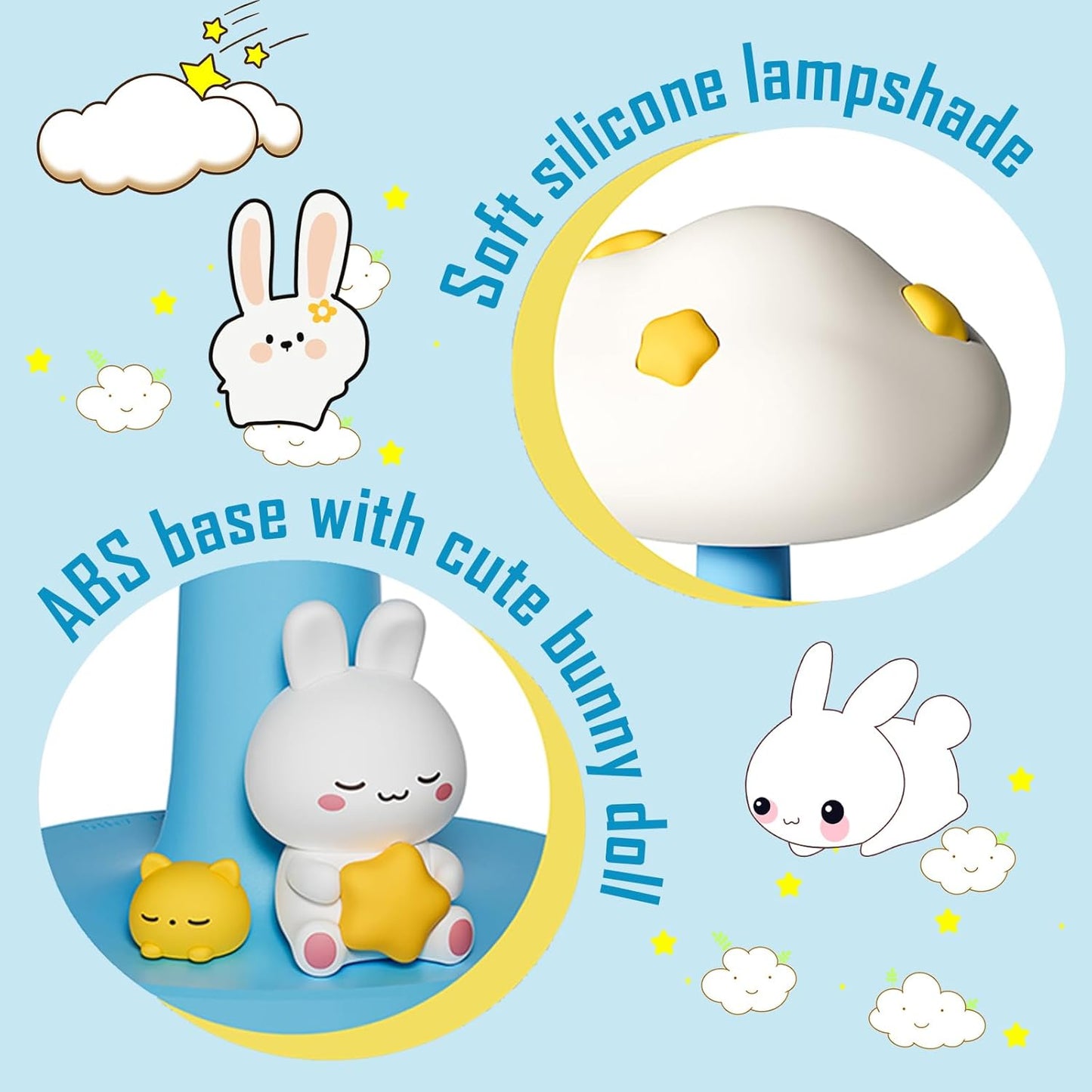 Cloud and Bunny Rechargeable Night Light, Safe Soft Silicone Material, 3 Brightness Levels, Tap Control, Warm Light, Toddler Sleeping Lamp, Bedroom Night Lamp, Gift for Baby and Kid (Cloud and Bunny)