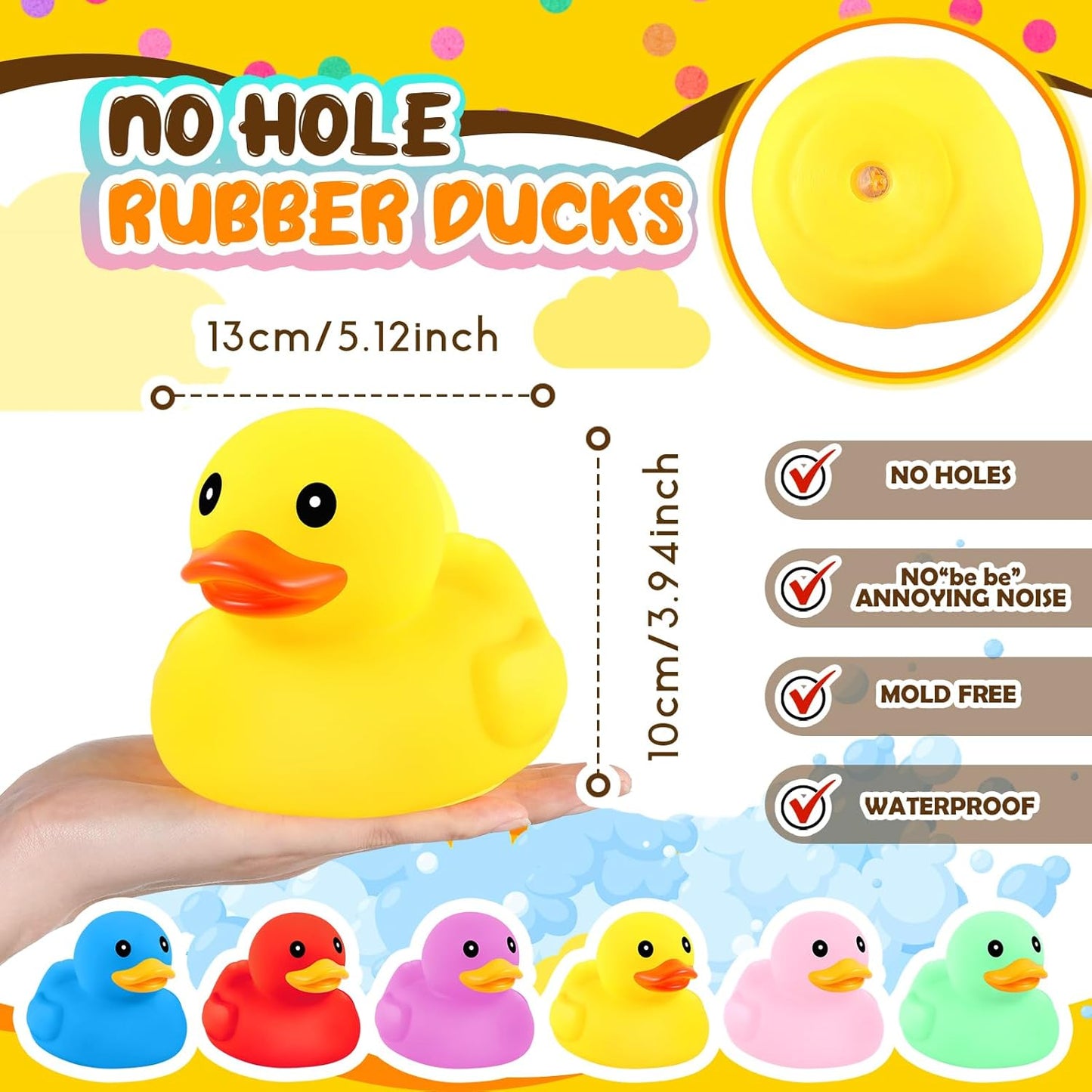 Lenwen 6 Pcs 5 Inch Rubber Ducks No Hole Waterproof Multicolor Large Duck Bath Toy with Sealed Plug Without Hole Bathtub Floating Bath Duck for Birthday Party Decoration Gift Swimming Pool
