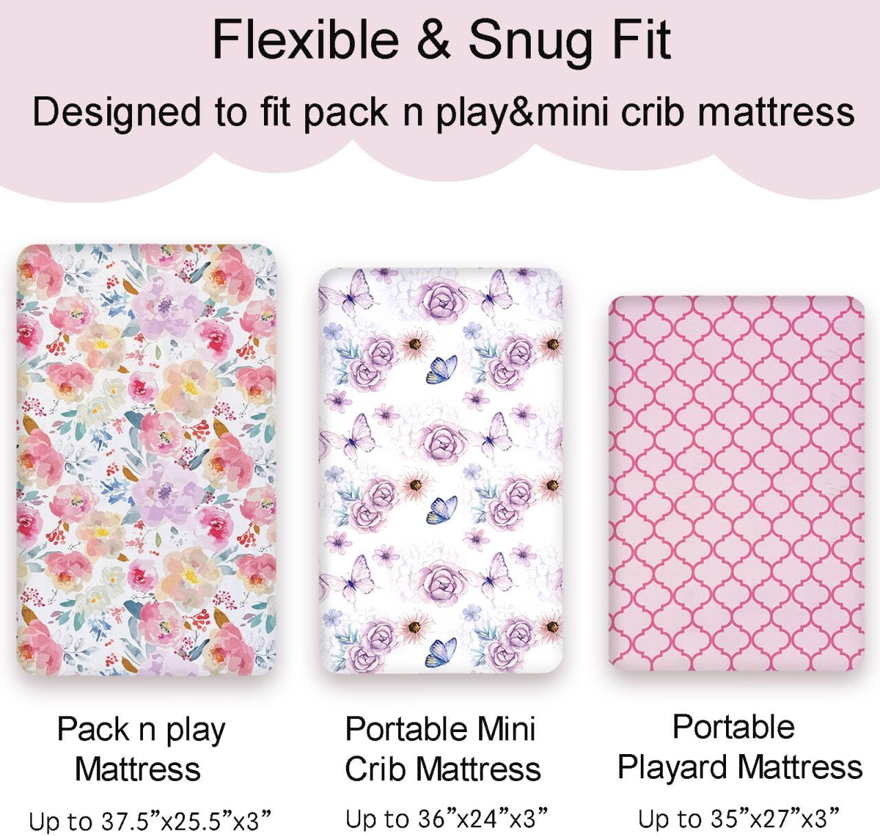 AMROSE 3 Pack Soft Mini Crib Sheets, Microfiber Pack N Play Sheets Set for Baby Girls, Silk Touch Gentle, Fitted for Playard Portable Mini Crib Mattress, Happy Garden