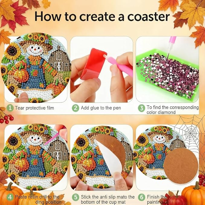 LWZAYS 8 Pcs 5D Autumn Scarecrow Diamond Art Coasters Kits