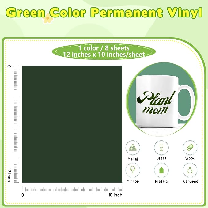 Tintnut Green Permanent Vinyl Permanent Adhesive Vinyl 8 Sheets 12''x10'' |