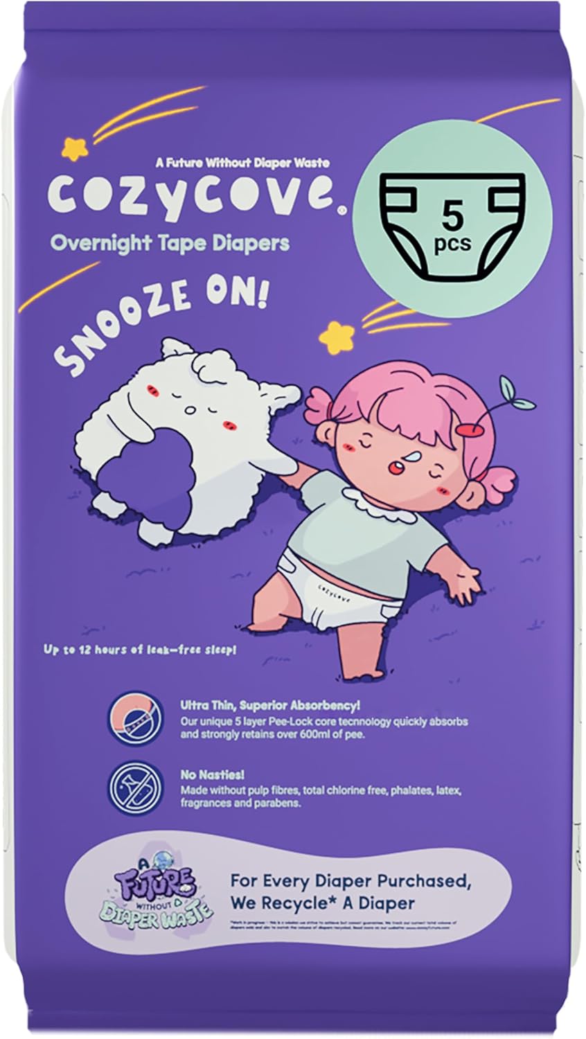 Cozycove Travel Pack Size 6 Diapers, Snooze On Slim Overnight Tape Diapers, Size 6 (33-44 lbs), 5 Count