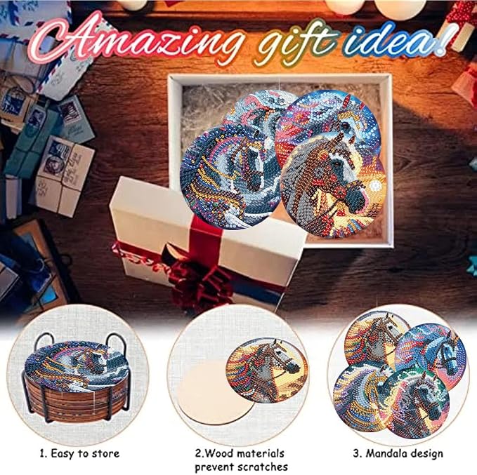 8 Pack Horse Diamond Art Coasters Kit for
