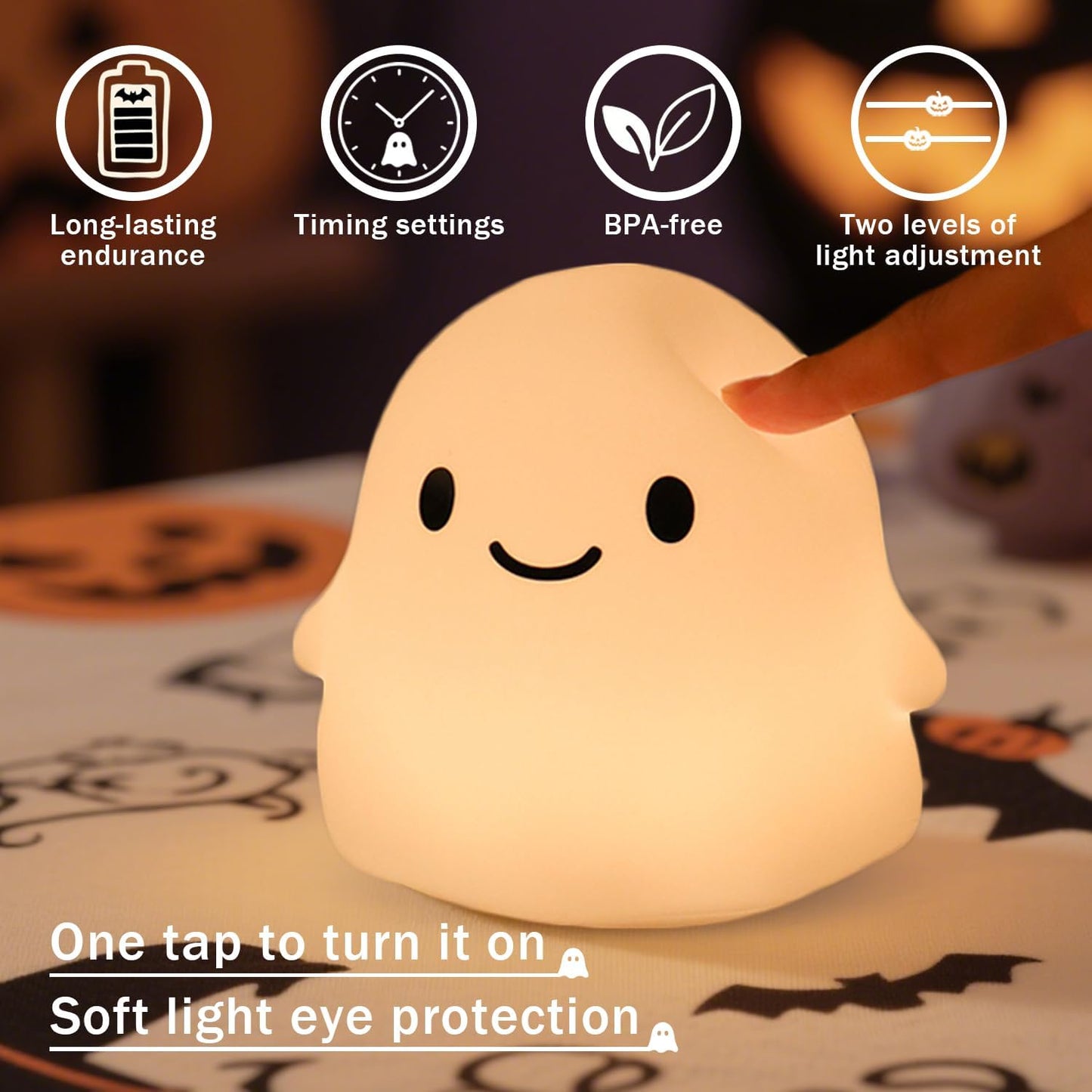 Ghost Night Light for Kids, Squishy Silicone Lamp - 50H Low/12H High, 2 Brightness, Tap-Control, USB Rechargeable, for Kids Halloween Decor & Nursery, Great Ghost Gifts