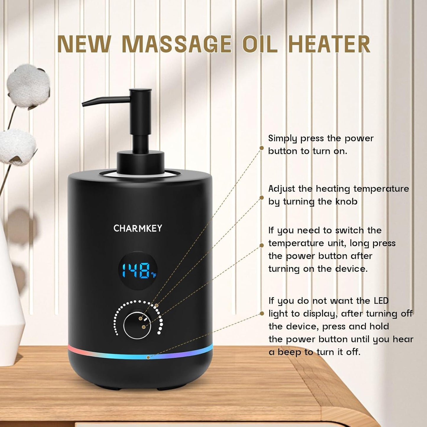 CHARMKEY Massage Oil Warmer Black, 2 Oil Bottle Dispensers & 2 Silicone Funnels, Digital Heater for SPA, Oil Lotion Cream for Salon, Barber Shops, Home