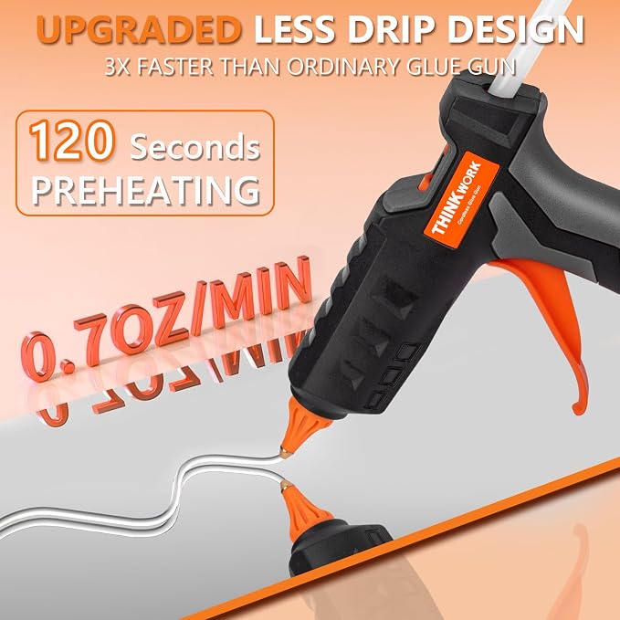 THINKWORK 20V Cordless Hot Glue Gun and Sticks Set, Rechargeable Glue Gun