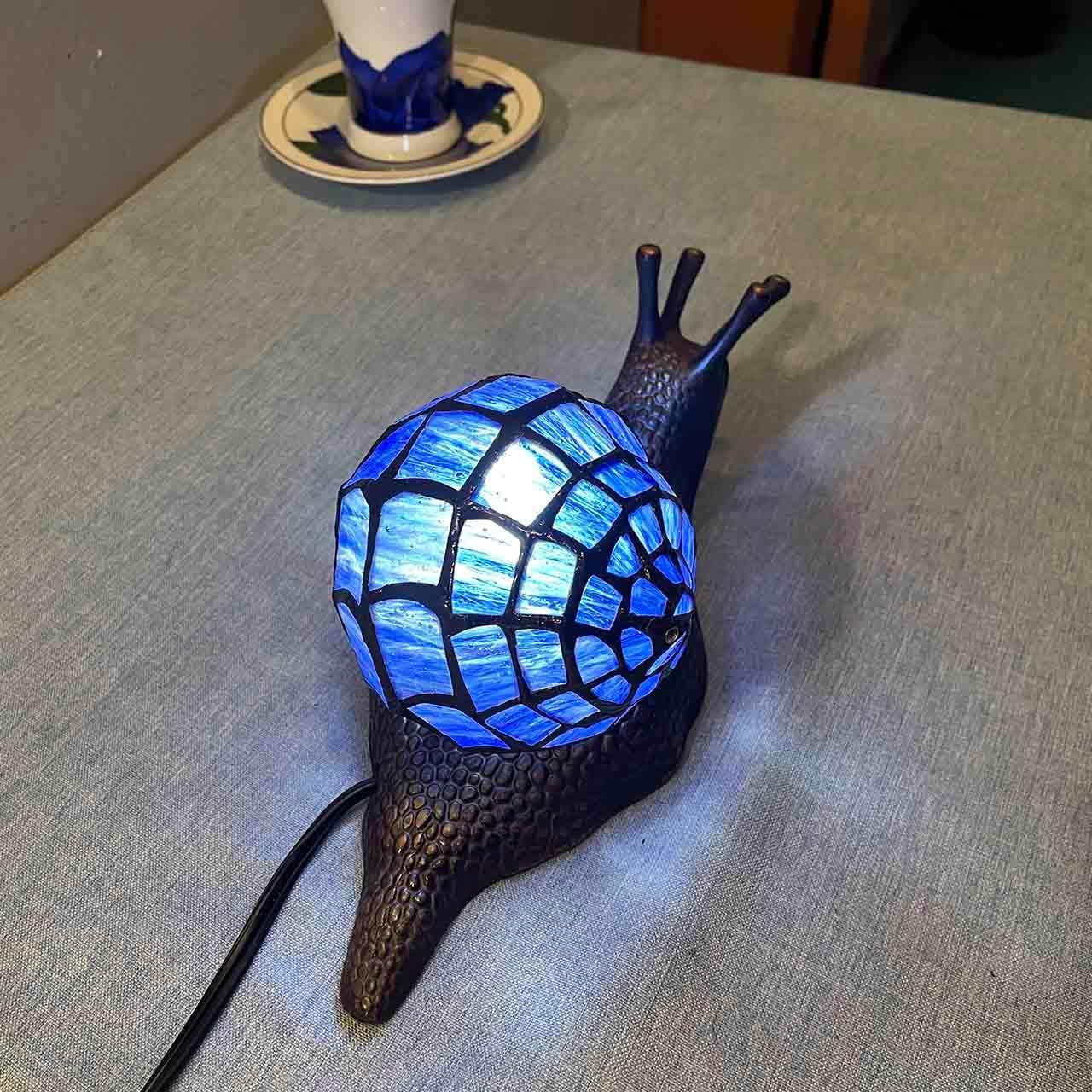 Bieye L10983 Land Snail Tiffany Style Stained Glass Accent Table Lamp for Home Decoration (Blue, 10" D x 5" W x 5" H)