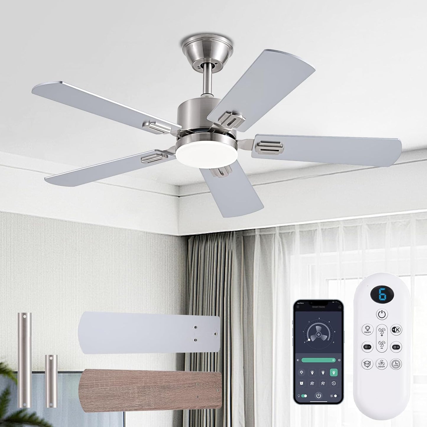 42 inch Modern Ceiling Fans with Lights APP/Remote Control, Low Profile Reversible 6 Speeds Dimmable Ceiling Fan Light for Indoor/Outdoor Bedroom Living Room（Nickel）