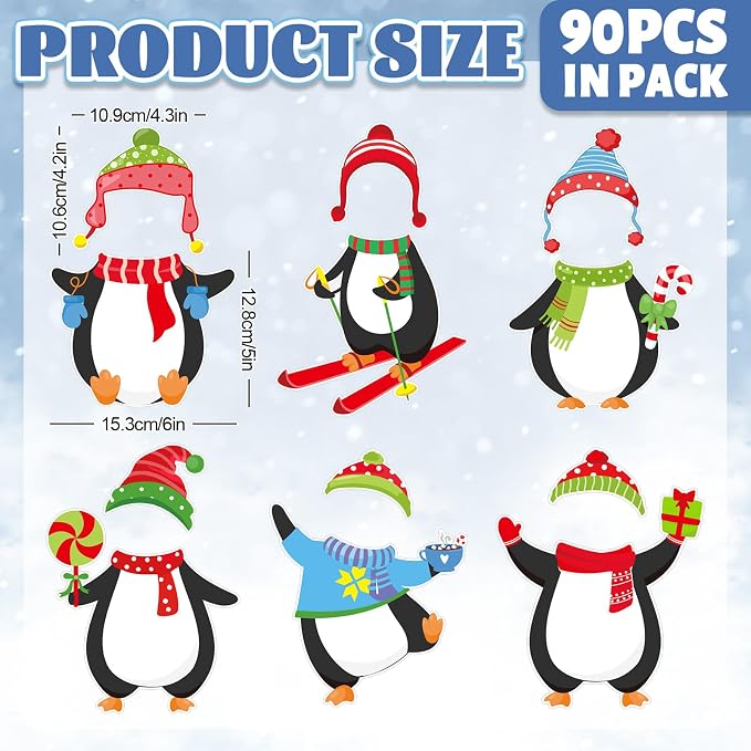 Whaline Winter Penguin Cutouts, 48 Sets Christmas Penguin & Hats DIY Photo Name
