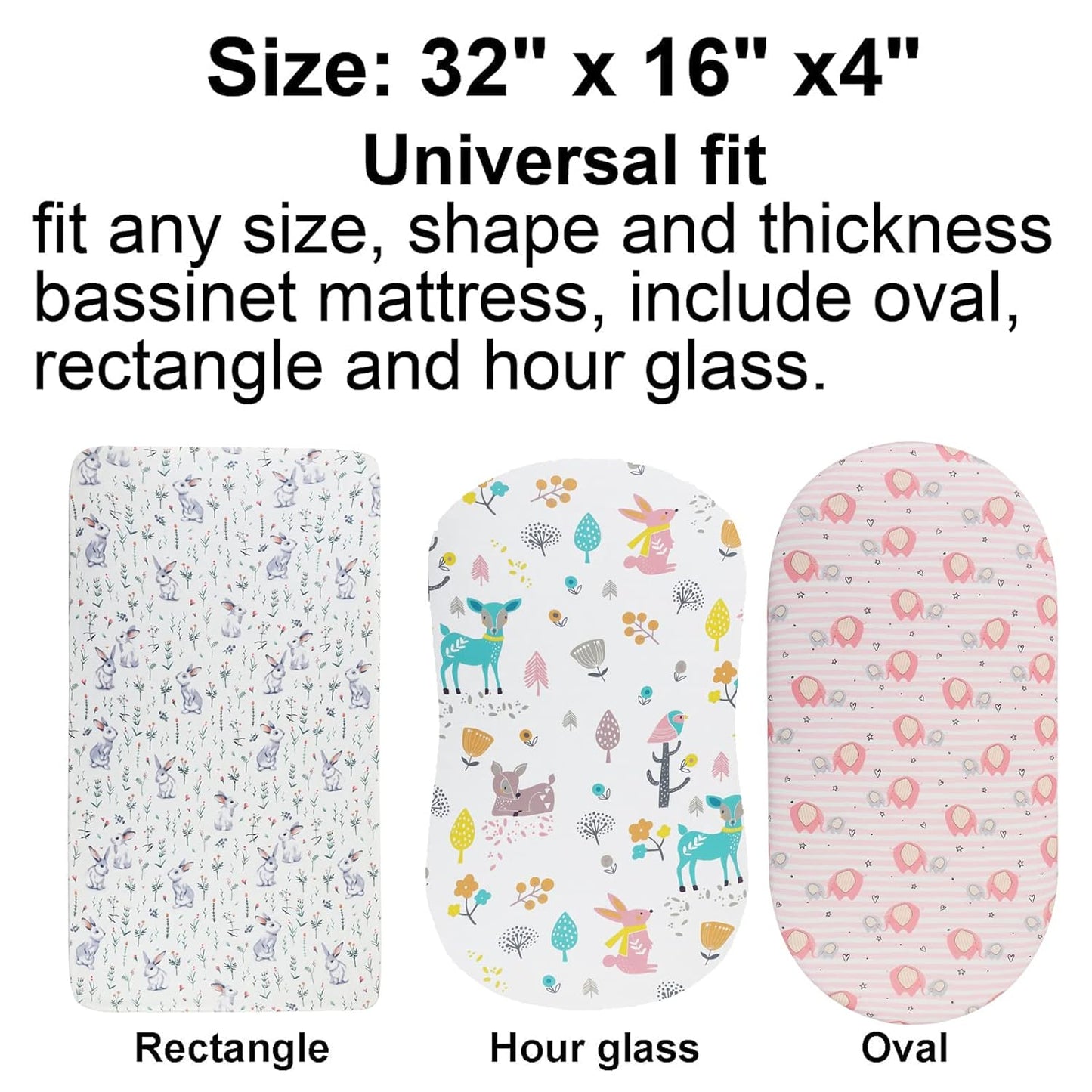 Onacosht Bassinet Sheets for Baby Boy and Girl, Stretchy Fitted Sheet Universal for Bassinet Cradle Hourglass Oval Rectangle Pad/Mattress, 4 Pack Deer, Elephant, Rabbit and Squirrel Printing
