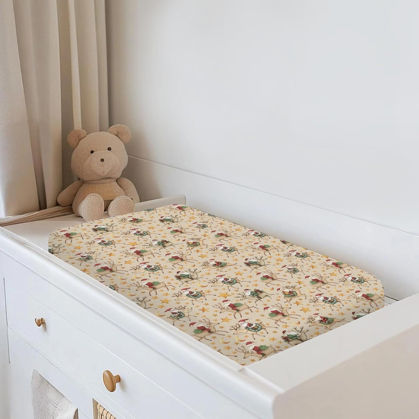 Cute Christmas Santa Claus Reindeer Baby Changing Pad Covers for Boy Girl Vintage Santa Gifts Stars Moon Fitted Changing Table Mats Winter Holiday Festive Soft Diaper Change Table Sheets 32''×16''