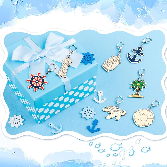 RattanView 24 Pcs Nautical Craft Color Your Own Keychains DIY Craft Wooden