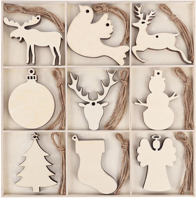 MACTING 45PCS Wooden Christmas Ornaments Unfinished Predrilled Natural Wood