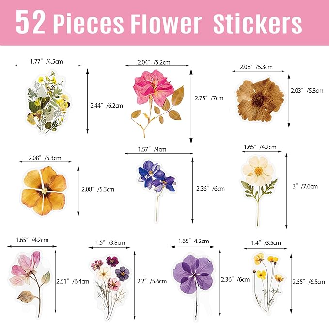 52Pcs Transparent Flora Scrapbook Stickers Pack, Colorful Wildflower Daisy Rose