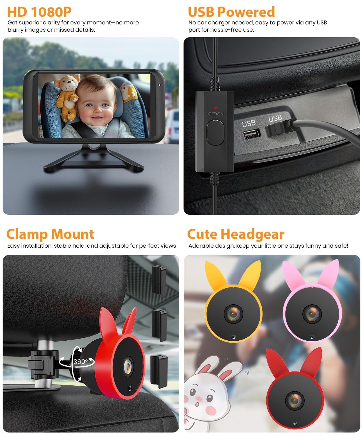 Babyvue BV2 Baby Car Camera, 4.5'' HD 1080P USB Rear-Facing Mirror, IR Night Vision, 360° Adjustable, Plug & Play Backup Monitor for Child & Pet Safety