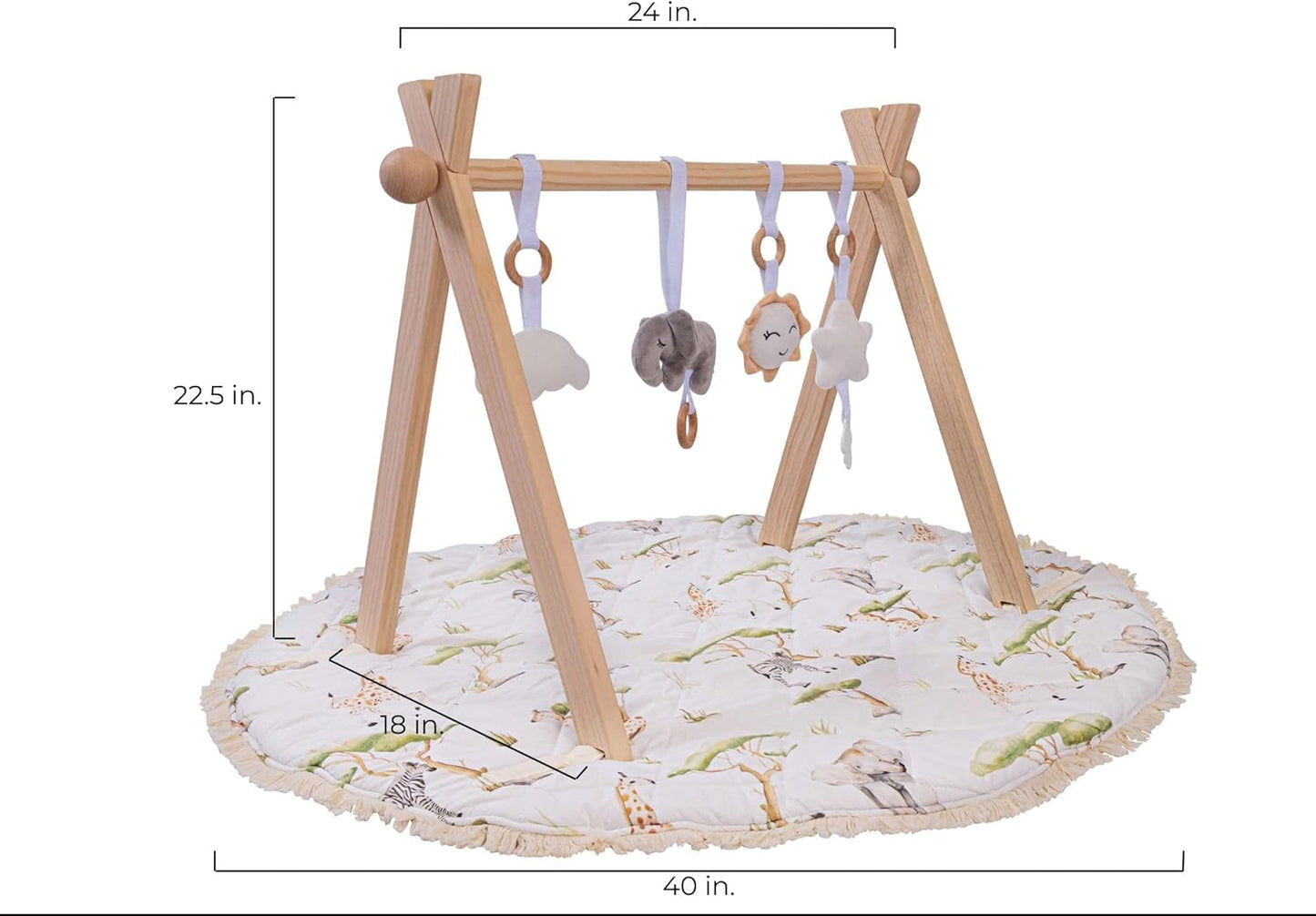 Montessori Wooden Baby Play Gym and Mat | Heirloom-Quality FSC Pine, Reversible Washable Mat, Includes Hanging Toys | Neutral Baby Activity Gym for Newborn to 6 Months