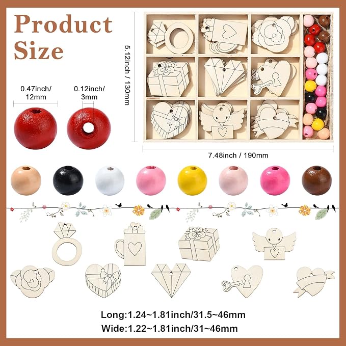 54 pcs Mixed Styles Wedding Theme Unfinished Wooden Cutout Charms Ring Heart