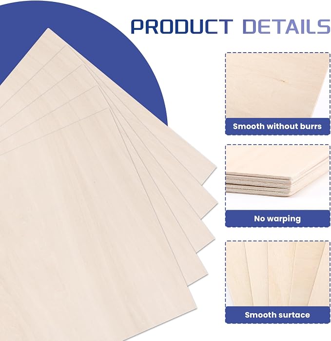 5 Pack Balsa Wood Sheet, Unfinished Wooden Squares Boards Balsa Plywood Wood