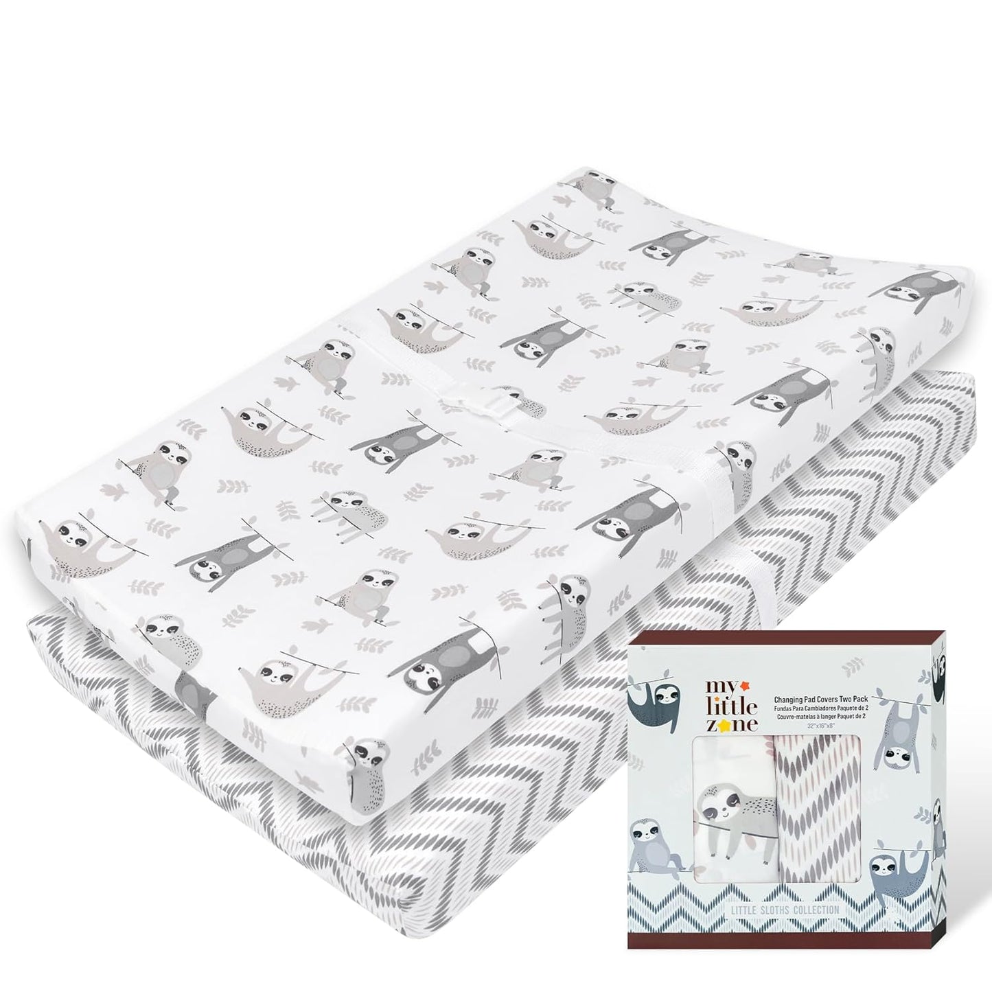 100% Cotton Changing Pad Cover for Baby Boys and Girls, Chevron - Breathable Bassinet, Mini Crib Mattress Fitted Sheets - Little Sloth, 32"x16" with 8" Deep Pocket, White-Grey, 2 Pack
