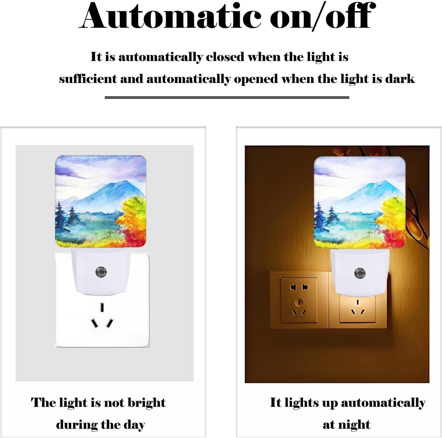 Watercolor Mountains and Forest Night Light,Plug Into Wall for Boys Girls Bedroom Decorative Square Night Light Lamp 0.5w Sleep Friendly