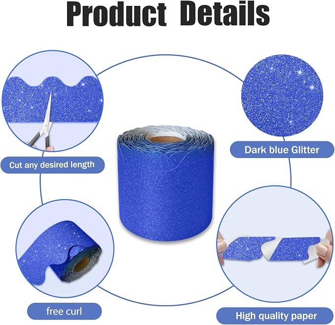 70Ft Shine Deep Blue Bulletin Board Borders，Scalloped Poster Boards Decorations