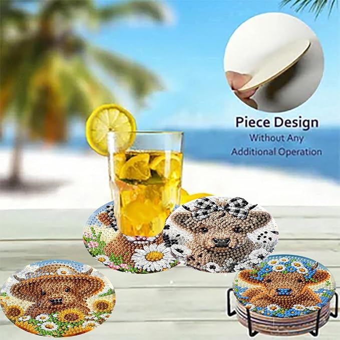 8 Pack Diamond Art Coasters, Highland Cow Diamond Painting Coasters Kits | Cow