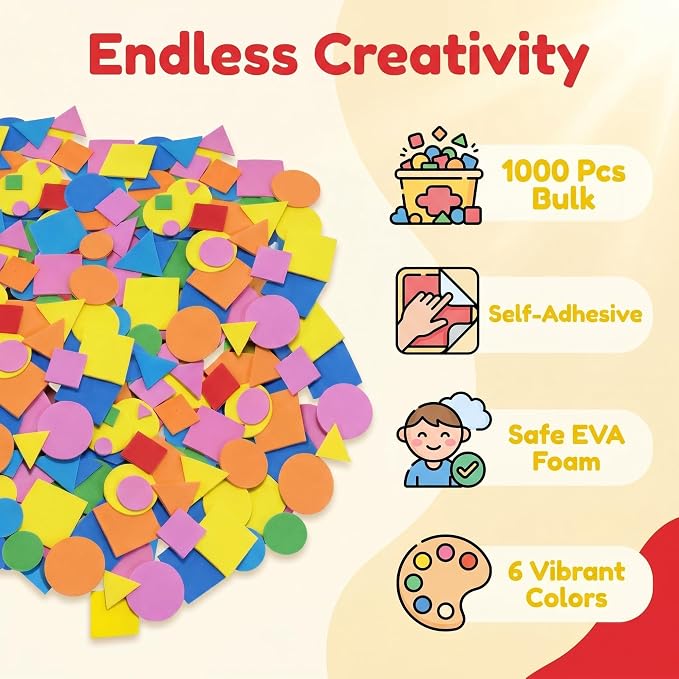 Foam Shapes for Crafts About 1000Pcs, Self-Adhesive EVA Foam Geometric Shapes