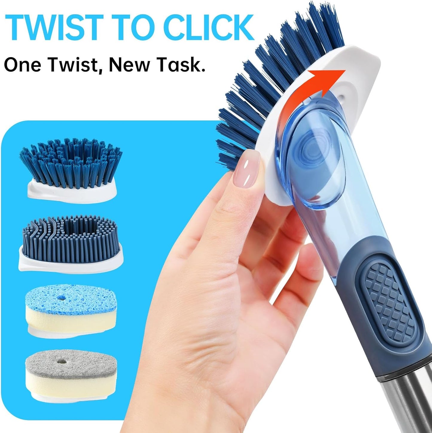 Soap Dispensing Scrub Brush - 4-in-1 Kitchen Cleaning Brush with Built-in Tank, Scraper Heads for Stubborn Grime on Pots Pans, Stand/Hang Storage-Blue