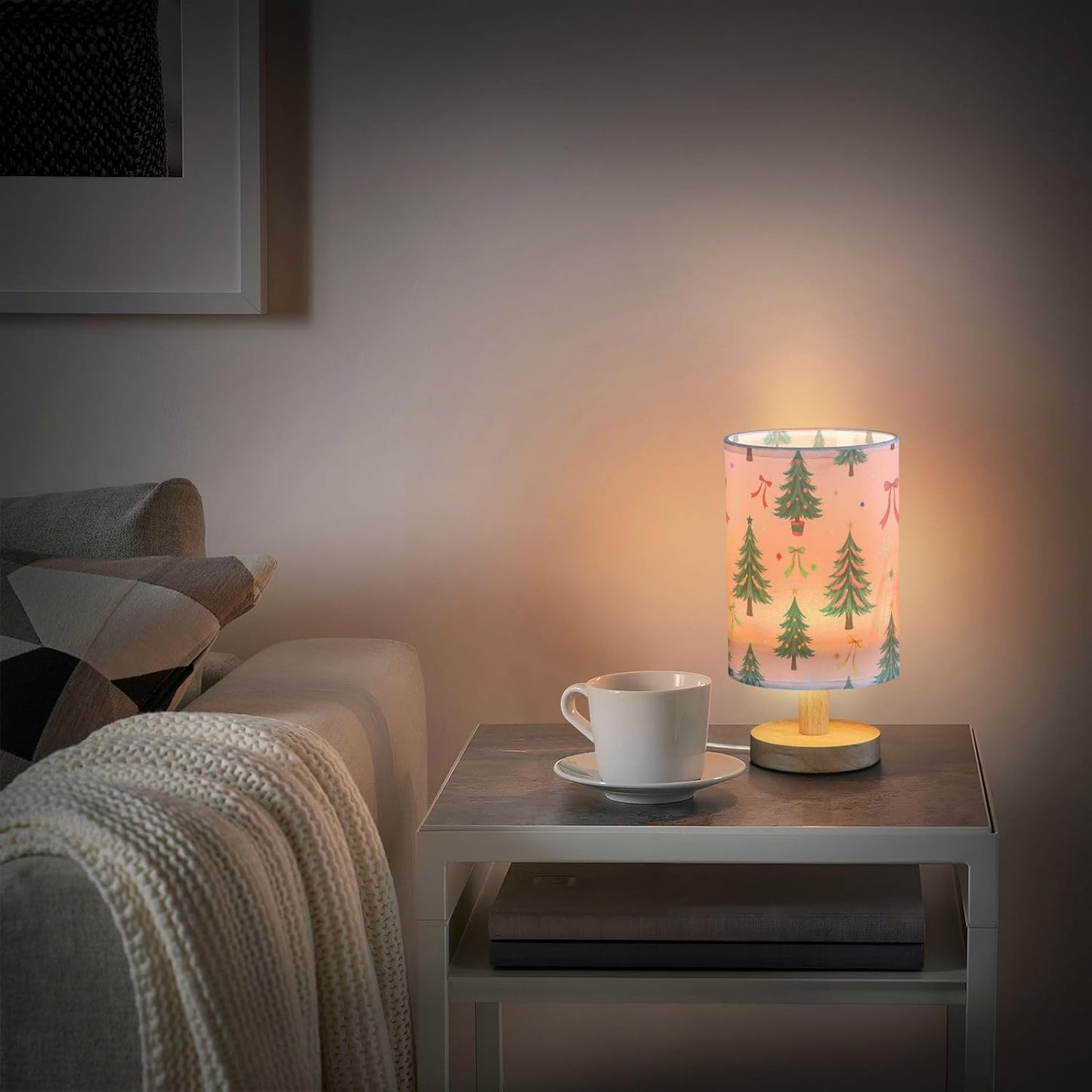 Christmas Trees Pink Bow Table Lamp Bedroom Bedside Night Reading Desk Lamps Cylinder Nightstand Sleeping Light Lamp for Xmas Party Living Room Office Decor