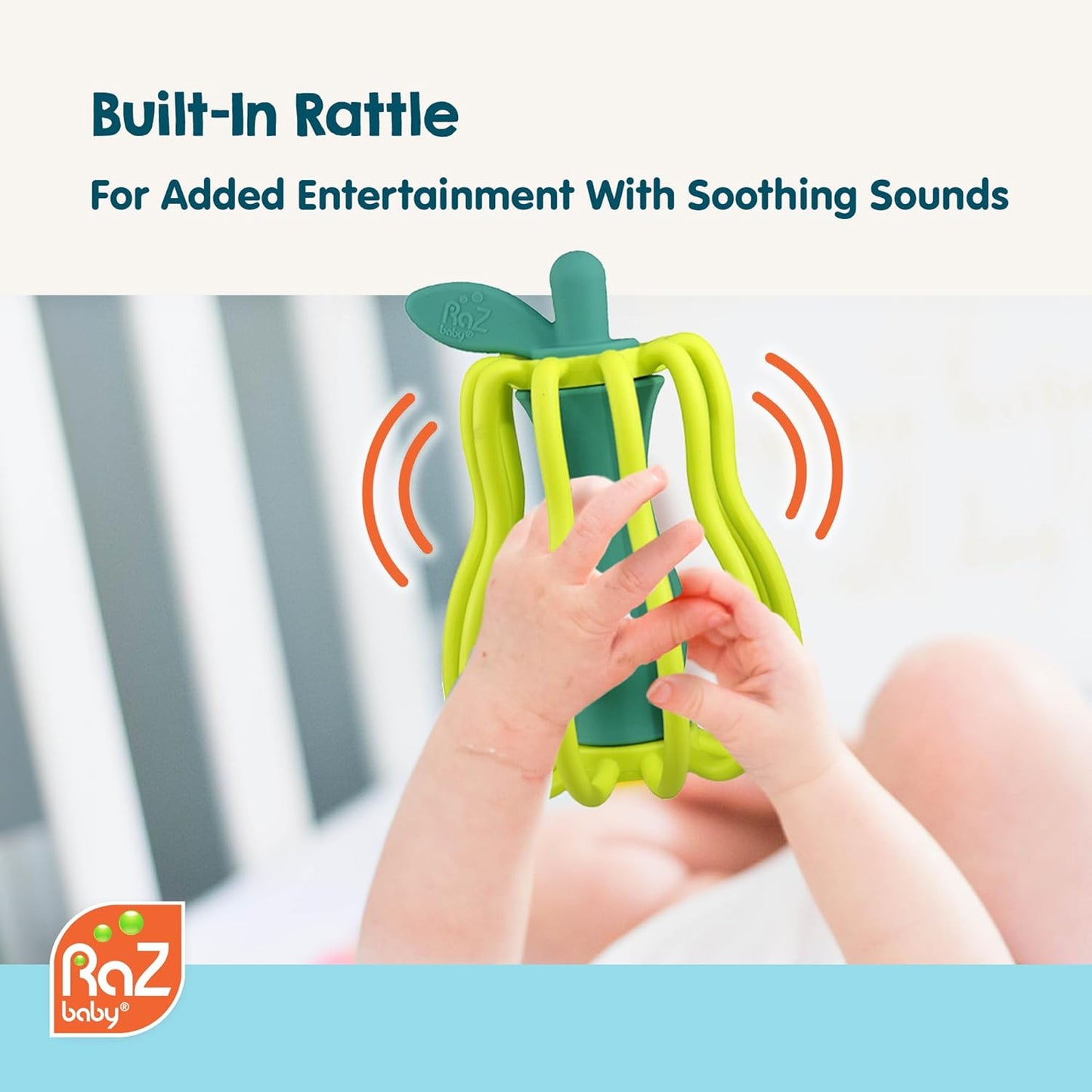 RaZbaby RaZ-Pear Silicone Teether & Rattle Toy – Soft, Flexible & Easy to Hold, Soothing Sounds for Entertainment, Textured for Teething Relief, Nipple-Shaped Stem for Comfort – BPA-Free, 3M+