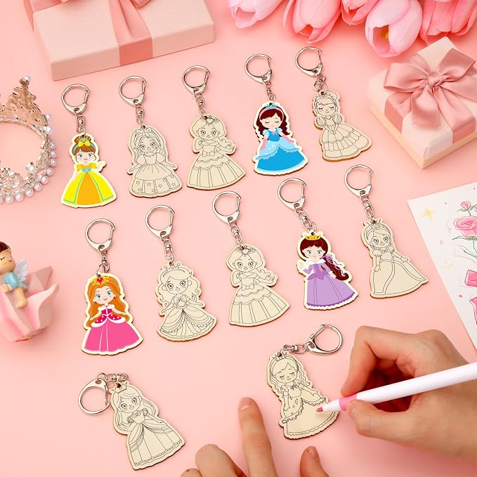 RattanView 24 Pcs Princess Craft Color Your Own Keychains DIY Craft Wooden