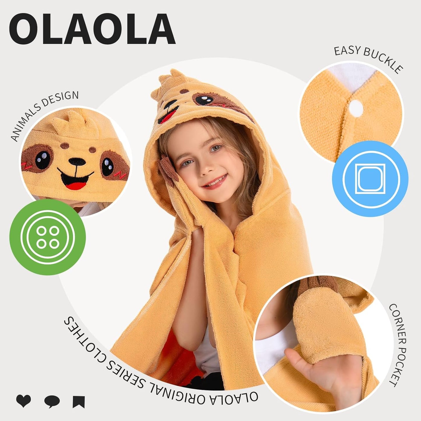 OLAOLA Sloth Hooded Towel for Kids 3-12 Years, 28" x 53" Soft Thick Absorbent Beach Towels, Toddler Bath Towel Wrap Swim Pool Towels Poncho for Boys Girls