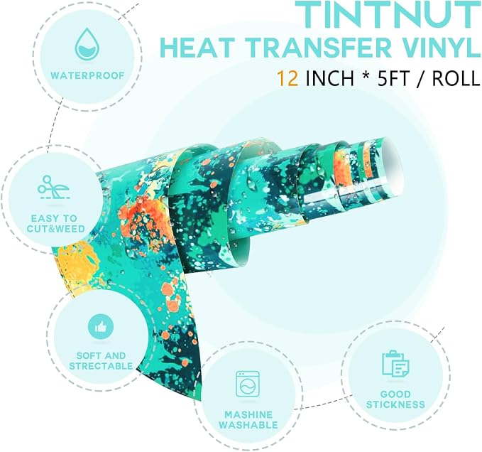 Tintnut Teal Splash Heat Transfer Vinyl Roll, stretch washable, works
