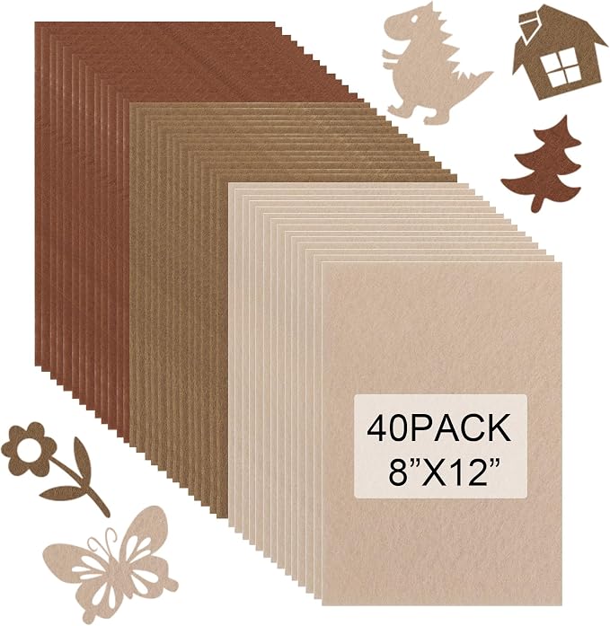 40 Pcs Stiff Felt Fabric Sheet for Crafts, 1mm Thick and 8”x12”Brown Series