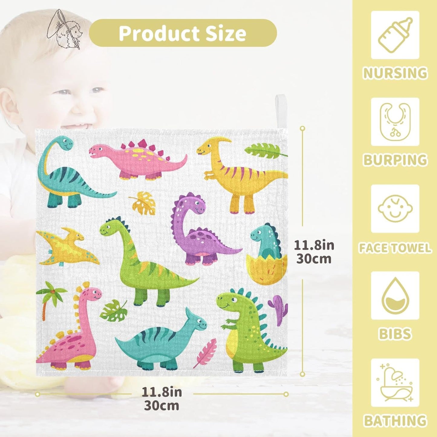 Cartoon Dinosaur Baby Muslin Washcloths Cute Burp Cloths Soft Absorbent Baby Wash Cloth Fingertip Face Towels for Newborn Boys Girls 12 x 12 in, 3 Pack